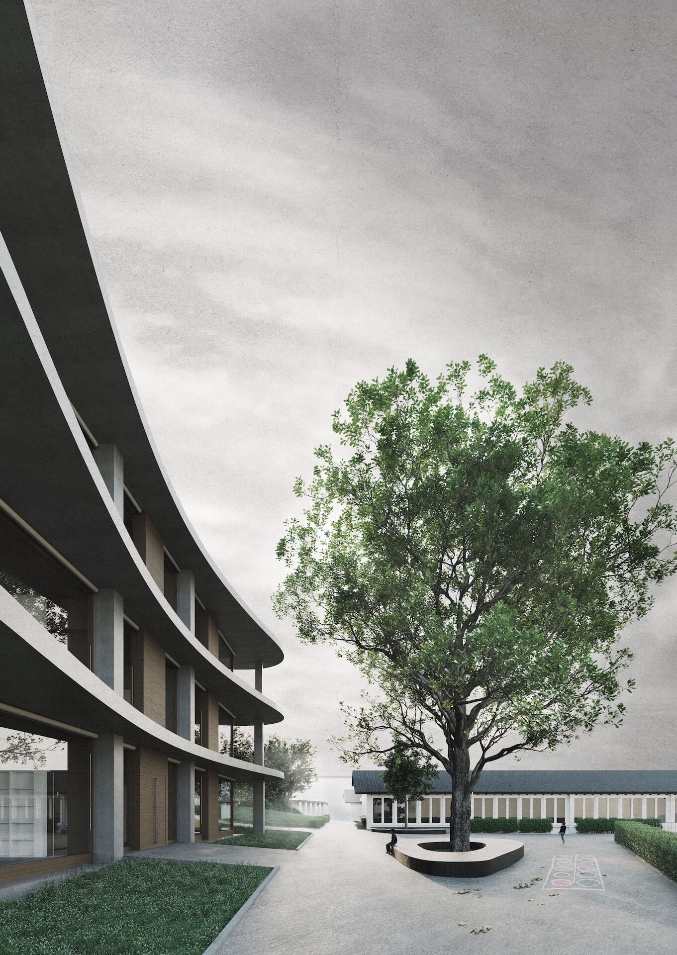 Rendering of the schoolyard with a big tree and the curved façade.