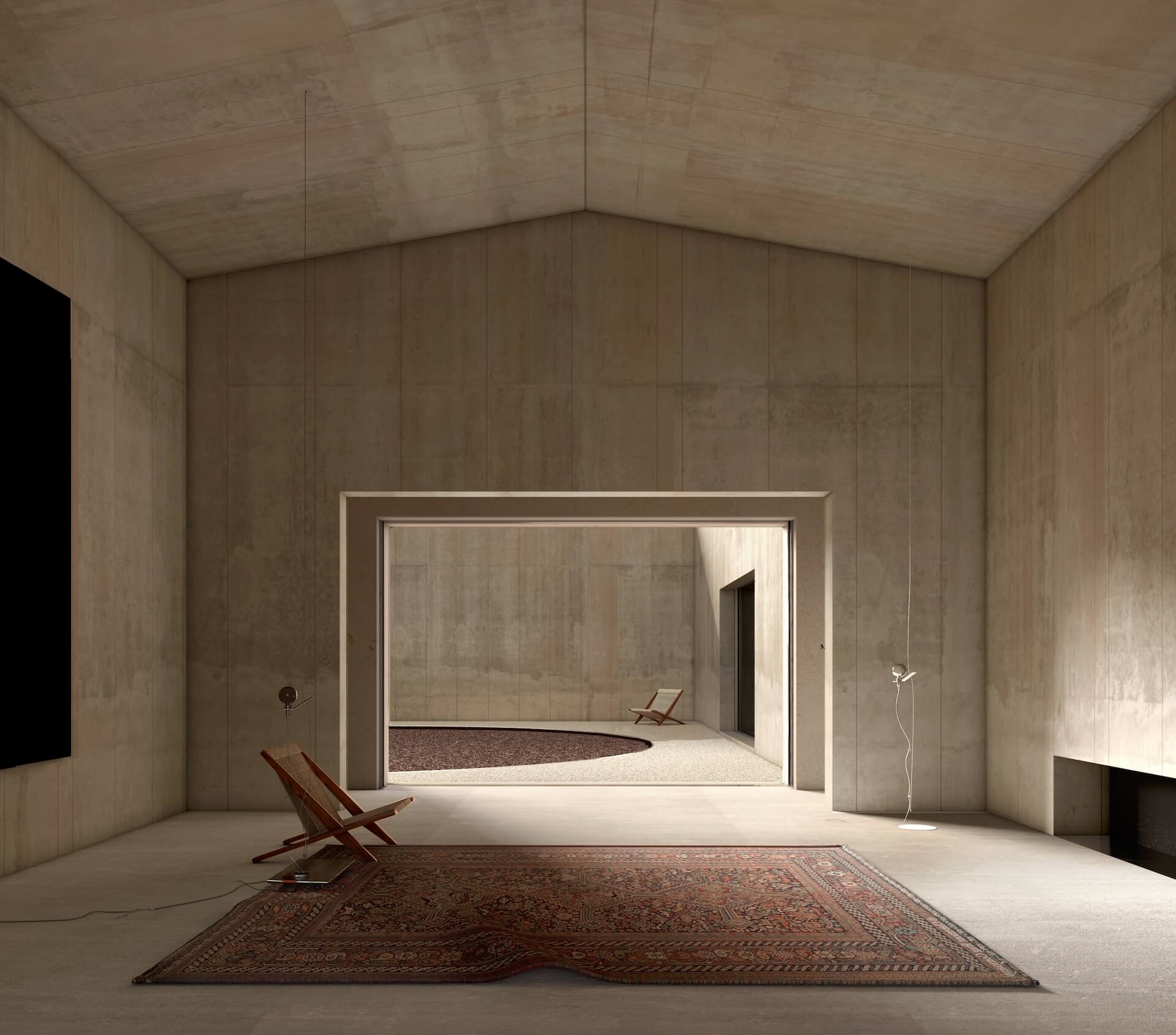 Rendering of a room with high ceilings and minimalist furnishings.